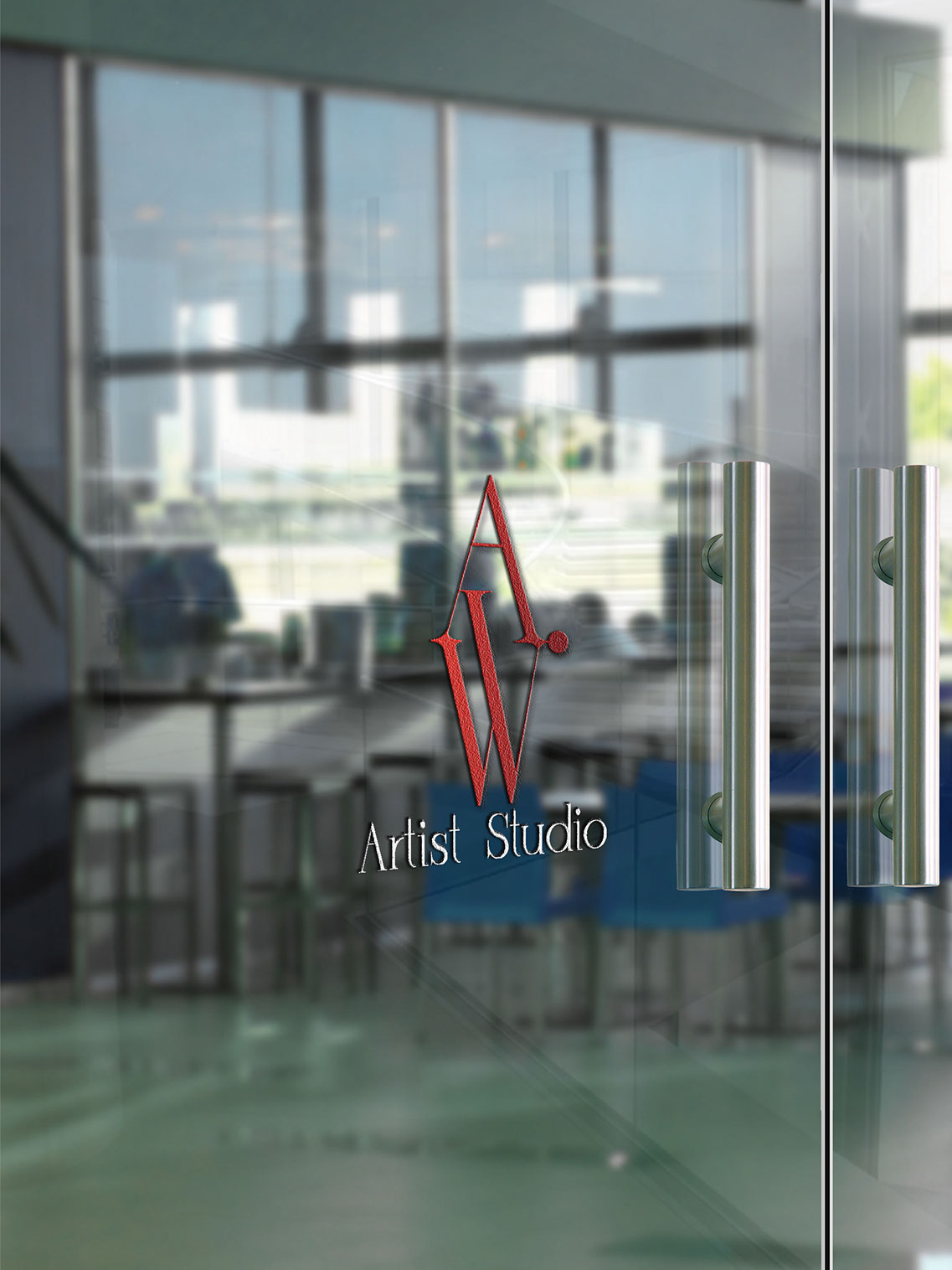 Artist Studio logo shown on a glass entrance door.